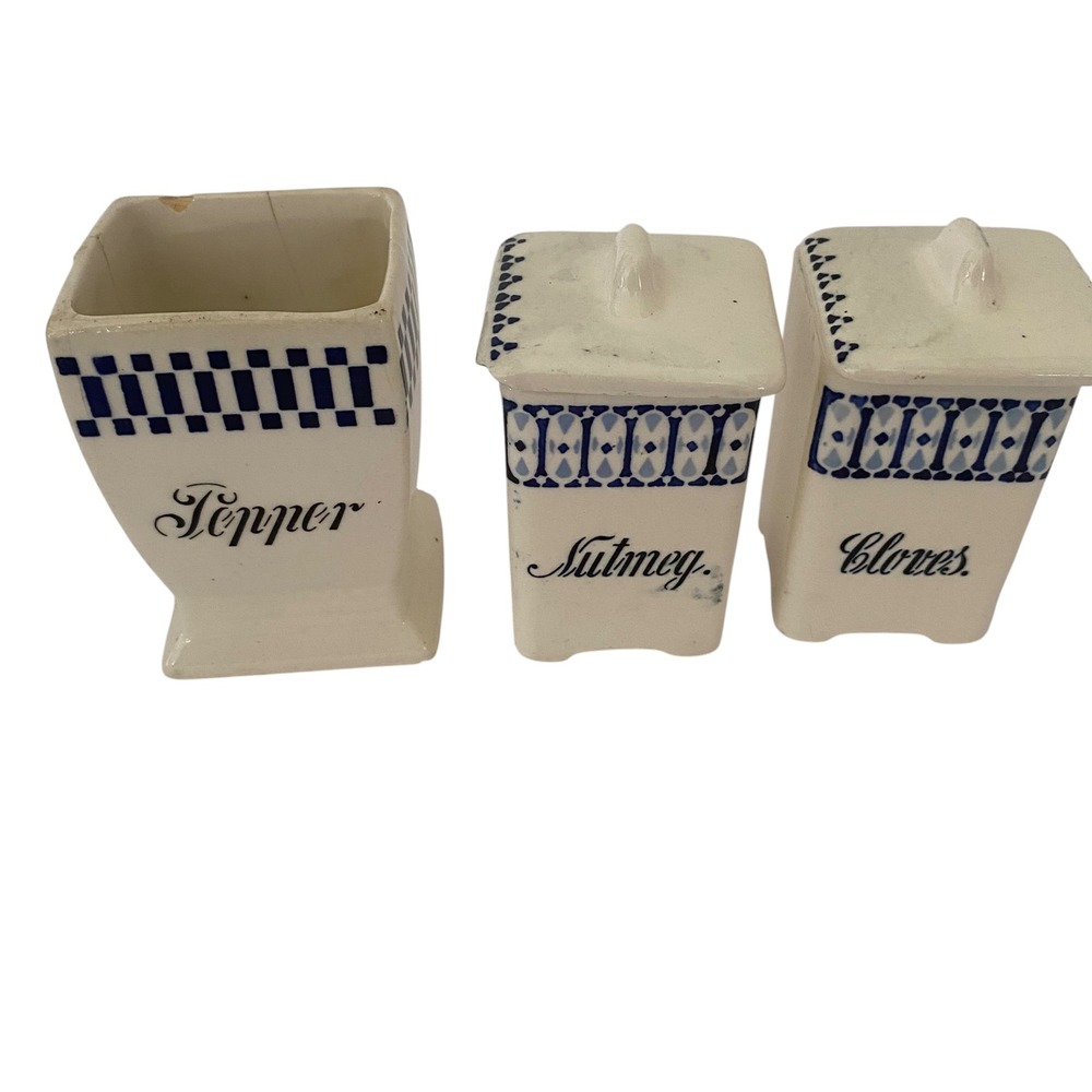 Vintage German Ceramic Spice Canister‎ Lot Blue White Pepper Nutmeg Cloves 3pc